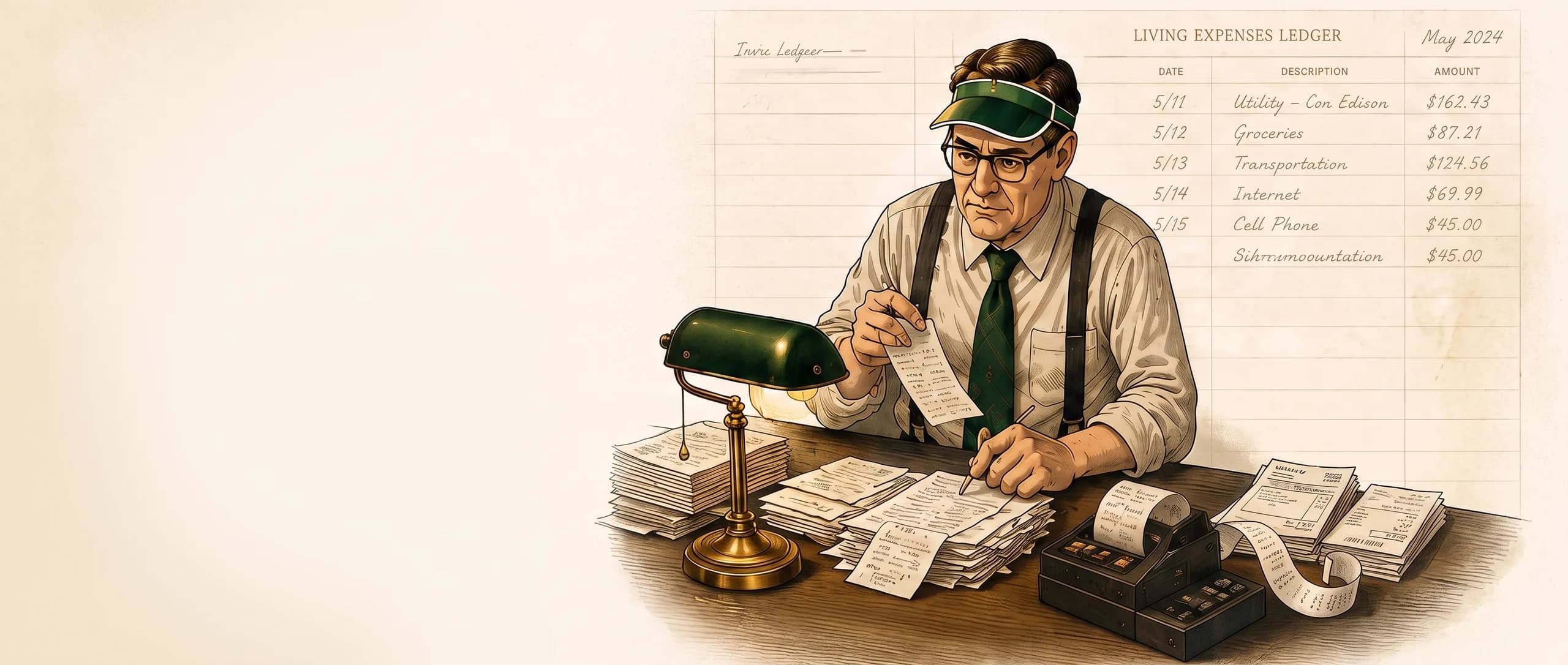 Old-school reimbursement accountant examining a receipt at his desk beside a Living Expenses Ledger